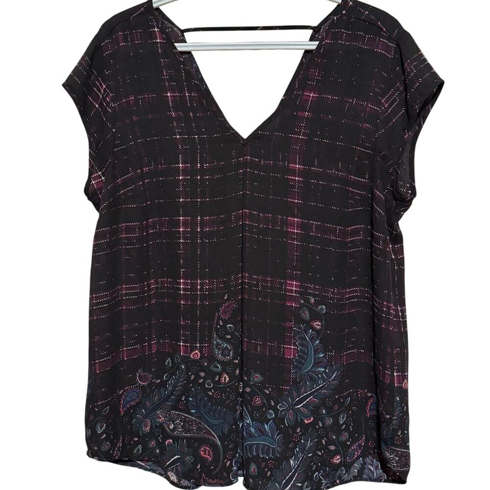 DR2 Daniel Rainn Women's Black Maroon Floral Paisley Plaid V-Neck Blouse Size L